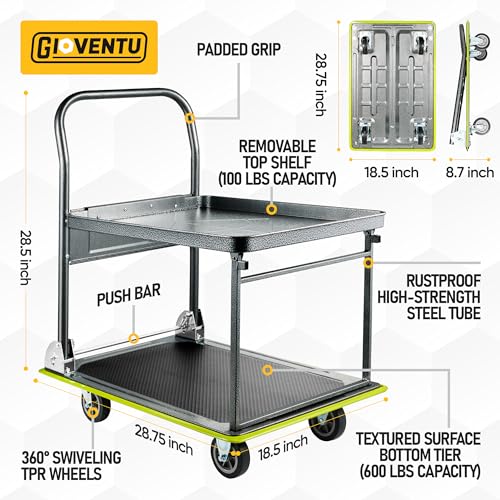 Heavy Duty Push Cart Dolly (700 lbs), 2 Tier Foldable Platform Hand Truck
