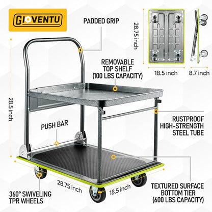 Heavy Duty Push Cart Dolly (700 lbs), 2 Tier Foldable Platform Hand Truck