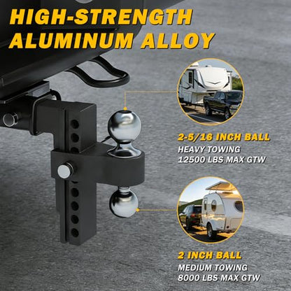 Aluminum Adjustable Trailer Hitch for 2-Inch Receiver 6 Inch Drop/Rise Hitch Ball Mount with 2" and 2-5/16" Ball Hitches Heavy Duty Black 12,500 LBS GTW Towing Hitch - color: Black-6Inch