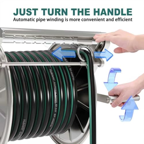 Stainless Steel Garden Hose Reel Heavy Duty, Wall Mount Water Hose Holder, 150 Feet of 5/8 Inch Hoses Capacity, Hose Reels with 5 ft Inlet Hose for Outside, Lawn, Yard, Garage - size: 150 ft Capacity without Hose