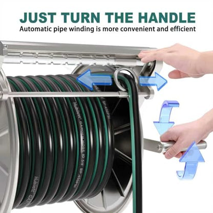 Stainless Steel Garden Hose Reel Heavy Duty, Wall Mount Water Hose Holder, 150 Feet of 5/8 Inch Hoses Capacity, Hose Reels with 5 ft Inlet Hose for Outside, Lawn, Yard, Garage - size: 150 ft Capacity without Hose