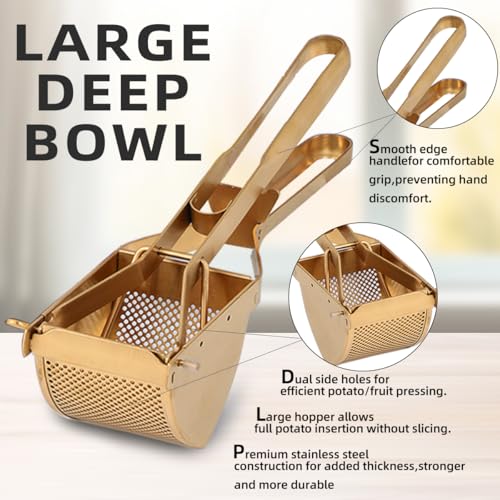 QRU Large Potato Ricer, Heavy Duty Stainless Steel Potato Masher for Commercial and Home Use, Fruit Press Baby Food Masher (Gold) - color: Gold