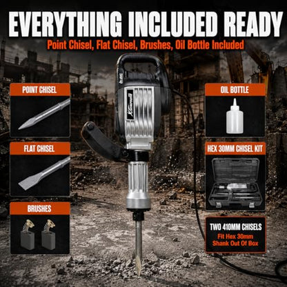 XtremepowerUS 3600W Demolition Jack Hammer Concrete Breaker, 15 Amp Electric Jackhammer, 30mm Hex Shank, 50J Impact Energy, 1400 BPM, AVC System, 360° Side Handle, Flat & Point Chisels Included - style: 3600W Demolition Jack Hammer (AVC System)