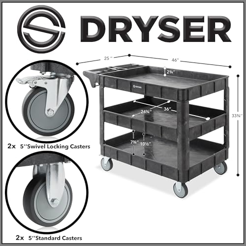 Dryser Utility Cart with Wheels, 46" x 25" Heavy Duty 550 lb. Capacity with Shelves - 3 Tier Rolling Cart with Two 5" Swivel Casters for Warehouse, Garage, Cleaning - size: 3 Shelves 2 Swivel 46x25