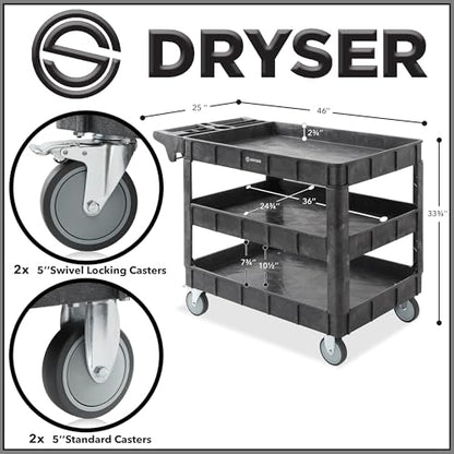 Dryser Utility Cart with Wheels, 46" x 25" Heavy Duty 550 lb. Capacity with Shelves - 3 Tier Rolling Cart with Two 5" Swivel Casters for Warehouse, Garage, Cleaning - size: 3 Shelves 2 Swivel 46x25