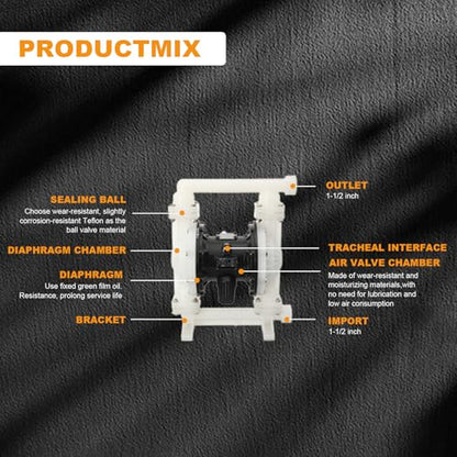 Pneumatic Double Diaphragm Pump 1.5 Inch In/Out PP 35GPM Max 120PSI - color: White
