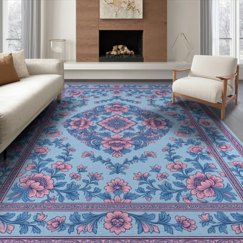 6'x9' Pink Blue Chinoiserie Floral Medallion Washable Area Rug - color: Blue/Pattern 10, size: 6' x 9' (Rectangular)