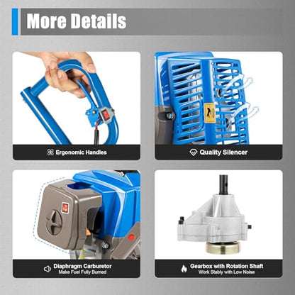 63CC 2-Stroke Hand Push Post Hole Digger with Wheel, 12" Auger Bit - color: 63CC, Blue