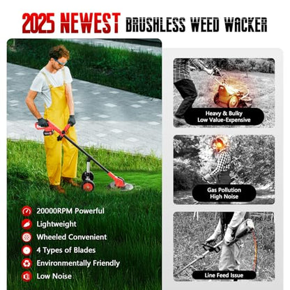 20000 RPM Electric Weed Wacker with Wheel,12″ Brushless Cordless Weed Eater Battery Powered, 4-in-1 Brush Cutter/String Trimmer/Grass Trimmer/Lawn Mower,Edger Stringless Weed Trimmer,5 Blade,2 Battery
