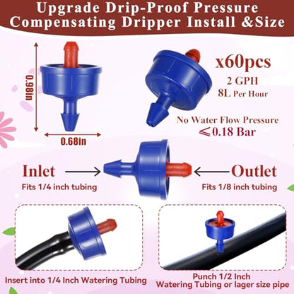 60Pcs 2 GPH Pressure Compensating Drip Emitters, 2 GPH Drippers - color: 60 PCS 2GPH