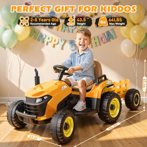 ARBELI 12V 7AH Kids Ride On Tractor w/Trailer & Remote Control, Yellow - color: Yellow