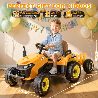 ARBELI 12V 7AH Kids Ride On Tractor w/Trailer & Remote Control, Yellow - color: Yellow