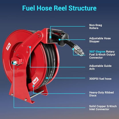 Fuel Diesel Hose Reel Retractable 3/4 inch x 50ft,Spring Driven Automatic Rewind,300 PSI Industrial Heavy Duty Steel Construction Auto Swivel Reels for Truck Farm Aircraft Ship Vehicle Tank Trailer - size: 3/4 inch x 50FT without Fuel Nozzle