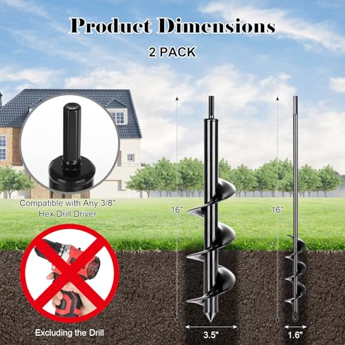 Auger Drill Bit for Planting 2 Pack,1.6x16 inch&3.5x16 inch,Auger Drill Bit Suitable for 3/8'' Hex Drill Driver,Garden Spiral Hole and Planter for Bulbs,Fence Posts,and Umbrella Holes - size: 1.6x16+3.5x16 inch