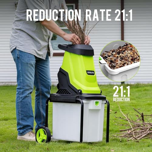 Steelite 1.8" 15 Amp Electric Wood Chipper, 55L Collection Bin Electric Mulcher Chipper Shredder, Wood Chipper with Max 4000RPM Motor Speed, Easy-Cleanup Dual Steel Blades for Twigs and Branches - color: dark green