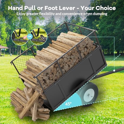 Heavy Duty Steel Dump Garden Cart - 17 Cu.Ft, 750 lbs Capacity, Removable Sides, Collapsible Mesh Fence, Pneumatic Tires, Quick-Dump - Tow Behind Utility Trailer for Lawn Mowers, Tractors,