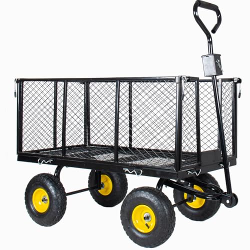 880LBS Capacity Steel Garden Dump Cart Oversized Heavy Duty, Utility Wagon All-Terrain Wheels Metal Flatbed Hauler Removable Liner Tray (Black) - color: Black
