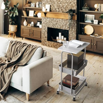 Simple Houseware 2-Tier Rolling Utility Cart Wood Top/Lockable Wheel, White - color: White
