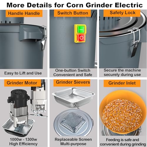 15.8 Gal Electric Corn Grinder Mill for Chicken Feed with 7 Sieves, 1300W Grain Mill Grinder, Heavy Duty Feed Grinder for Dry Corn, Wheat, Rice, Flour, Livestock Feed, Farm & Homestead Use