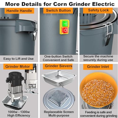 15.8 Gal Electric Corn Grinder Mill for Chicken Feed with 7 Sieves, 1300W Grain Mill Grinder, Heavy Duty Feed Grinder for Dry Corn, Wheat, Rice, Flour, Livestock Feed, Farm & Homestead Use