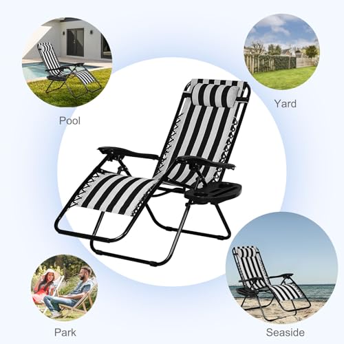 Nazhura Set of 2 Relaxing Recliners Patio Chairs Adjustable Steel Mesh Zero Gravity Lounge Chair Beach Chairs with Pillow and Cup Holder Khaki (Black/White Stripe) - color: Black/White Stripe