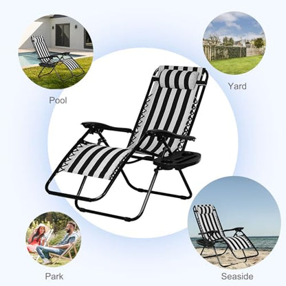 Nazhura Set of 2 Relaxing Recliners Patio Chairs Adjustable Steel Mesh Zero Gravity Lounge Chair Beach Chairs with Pillow and Cup Holder Khaki (Black/White Stripe) - color: Black/White Stripe