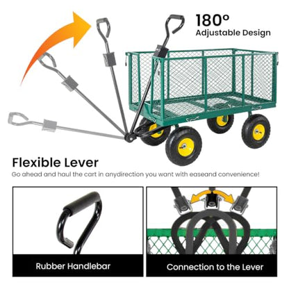 Heavy Duty Garden Wagon Cart, Flatbed Garden Cart, Outdoor Yard Farm Carts, 3 in 1 Utility Pull Wagon with Removable Sides, 880 lbs Capacity, 10 Inch All Terrain Rubber Wheels (Green) - color: Green