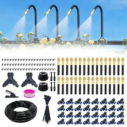 Drip Irrigation System 200FT 1/4" with 32PCS 360° Adjustable Brass Nozzles - size: 200FT