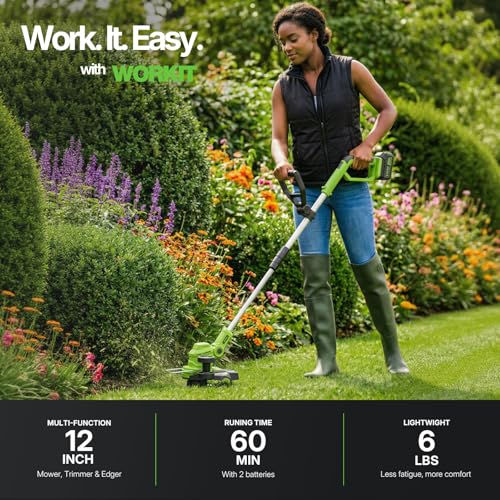 WORKIT 20V 3-in-1 Weed Eater/Edger/Mini Mower, Cordless Weed Wacker - size: 12 Inch-2*4.0Ah Battery