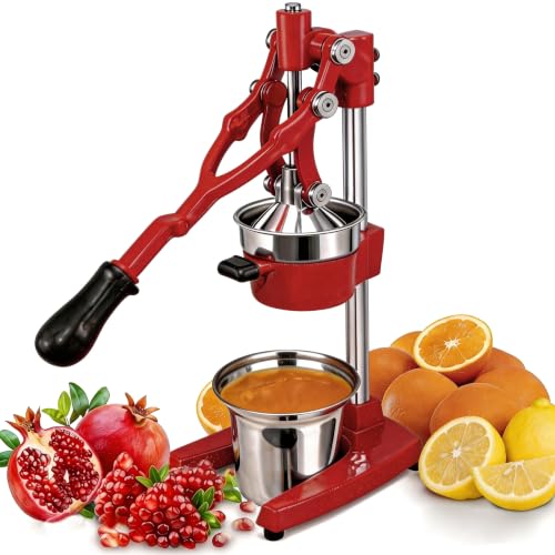 19 Inch Height Extra Tall Commercial Heavy Duty Cast Iron Hand Press Manual Orange Citrus Lemon Lime Grapefruit Pomegranate Fruit Juice Squeezer Machine with Stainless Steel Cup Red - color: Red, size: 19 Inch