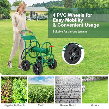 Goplus Garden Hose Reel Cart, Heavy Duty Water Planting Cart w/Non-slip Crank Handle, 4 Solid Wheels, Outdoor Hose Reel Holds 330FT of 3/4", 5/8” & 400FT of 1/2" Hose for Garden Yard Lawn Farm (Green)