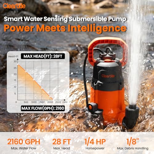 1/4 HP Submersible Utility Water Pump with 25‘ Drain Hose, 2160 GPH High Flow, Portable Sump Pump with Auto Water Sensor for Pool, Flooded Basement, Hot Tub, Pond Draining - style: 1/4HP Auto Water Sensor Pump with Hose
