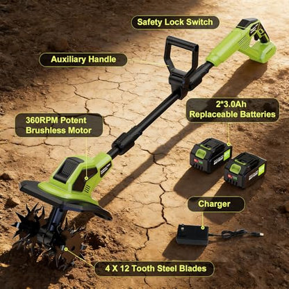 Cordless Tiller Cultivator, 21V Lightweight Tiller forGardening with 2 * Batteries, Brushless Electric Tiller with48 Steel Tines, 400RPM, 9.5" Tilling Width, 7" Depth forGardening, Soil Turning