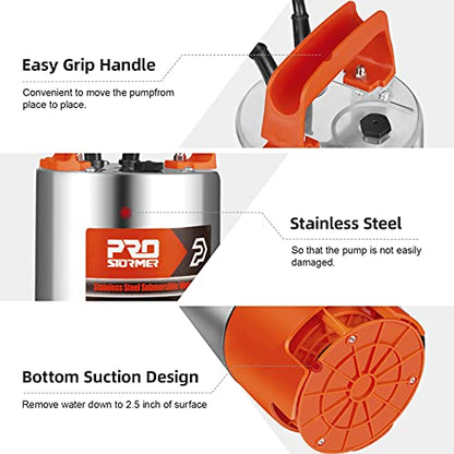 Prostormer 1HP 3700GPH Clean/Dirty Stainless Steel Submersible Sump Pump