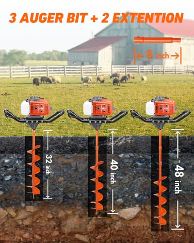 NEO-TEC 72CC Post Hole Digger Gas Powered Auger with 6"10"12" Bits & 1 Ext - size: 72CC+6"+10"+12"+2 Extension