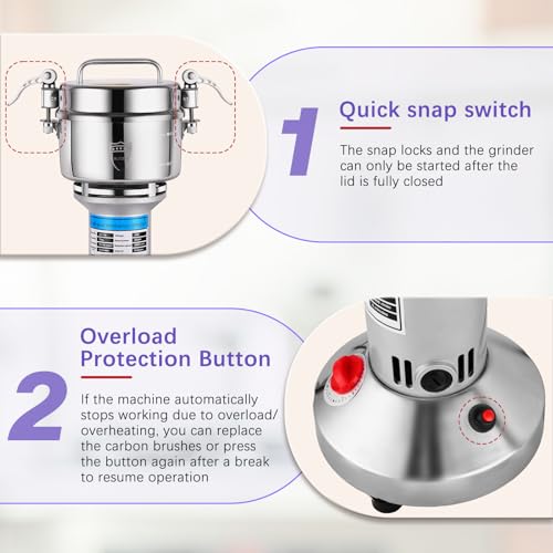 Heavy-Duty Electric Grain Mill Grinder – 2000W 750g Capacity 304 Stainless Steel Commercial Grade for Grinding Dry Grains, Coffee, Spices – High-Speed Motor, Easy Clean, Overload Protection - size: 750G