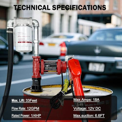 12V 12GPM Fuel Transfer Pump with Particulate Filter for Gasoline Diesel