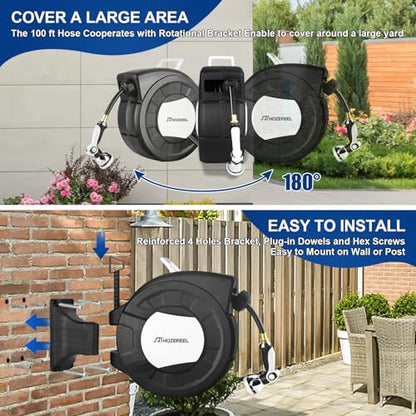 100 FT x 1/2" Retractable Garden Hose Reel Black - color: Black
