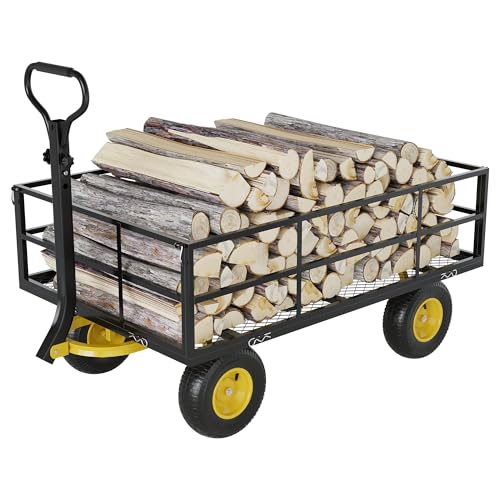 3-in-1 Heavy-Duty Steel Garden Cart, 1200 Lbs Garden Wagon, with 13 Inch All-Terrain Tires and Removable Mesh Side Panels, 180° Rotating Handle, Metal Utility Yard Trailer, Outdoor Gardens Wagon Cart - color: Black + Yellow, size: 1200 Lb