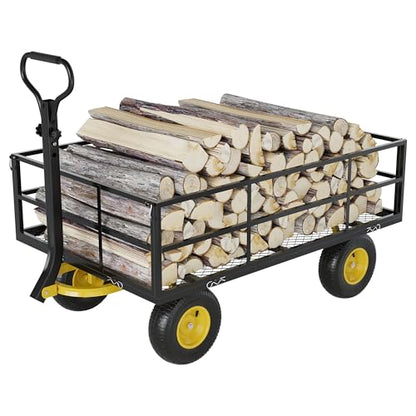 3-in-1 Heavy-Duty Steel Garden Cart, 1200 Lbs Garden Wagon, with 13 Inch All-Terrain Tires and Removable Mesh Side Panels, 180° Rotating Handle, Metal Multi-Function Carts, Outdoor Gardens Wagon Cart - color: Black + Yellow, size: 1200 Lb