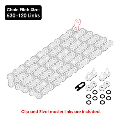 Caltric Red 530-Pitch 120-Links O-Ring Drive Chain Compatible with ATV/UTV/Quad/Side X Side/Motorcycle/Dirtbike/with Rivet and Clip on Master Links