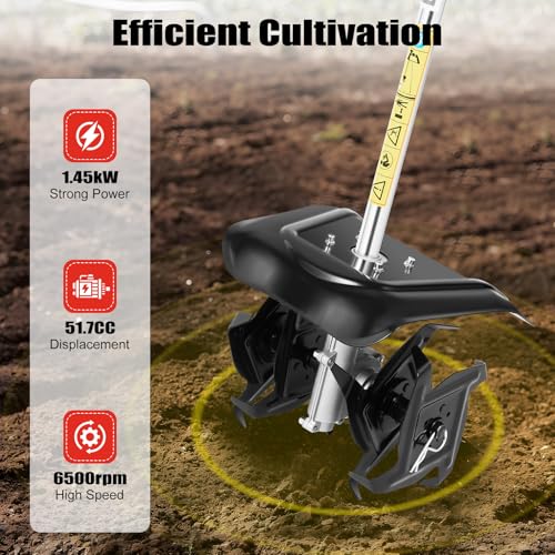 Tiller Cultivator Gas Powered, 52CC 2-Stroke Garden Tiller