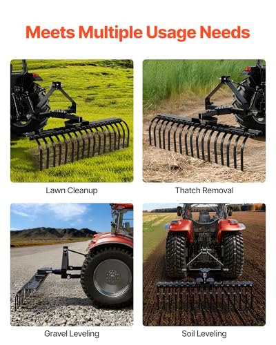 VEVOR 50 in Lanscape Rock Rake, 3-Point Tow Behind Landscape Rake with 17 Steel Tines, Fit Category 1 Tractors, Angle Adjustable, Heavy Duty Lawn Dethatcher Rake for Grass Branch Debris - style: 50" Dethatcher with 3-Point Attachments