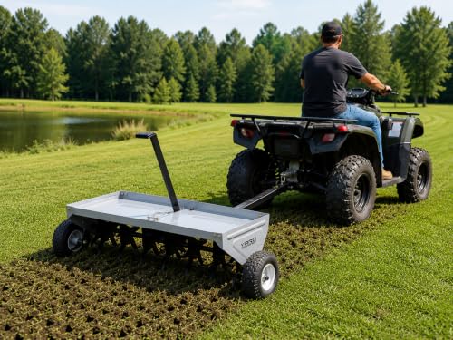 Yard Commander - 48-Inch Tow Behind Plug Aerator for Lawn Tractor & ATV, 32 Core Plug Tines, 2.5” Soil Penetration, Heavy Duty Steel Aerator, Weight Tray & 10” Pneumatic Tires for Lawn & Garden Care