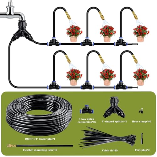 Drip Irrigation System,100 Ft Quick-Connect Garden Sprinkler Kit with 16pcs 360° Adjustable Nozzles for Garden, Lawn, Greenhouse, Raised Beds & Outdoor Plants