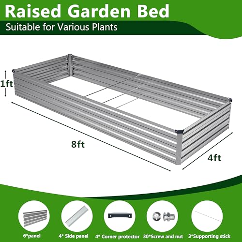 2PCS 8x4x1ft Galvanized Raised Garden Bed,Outdoor Planter Box Metal Patio Kit Planting Bed for Vegetables Flowers Herb,Silver - size: 8x4x1(2PCS), style: Sliver