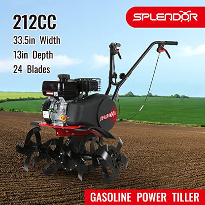 SPLENDOR Gas Powered Tiller 4 Cycle 212CC Working Width 13in-22in-33.5in Total Two Packages