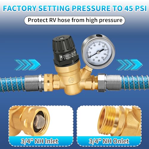 Boltigen RV Water Pressure Regulator with Gauge, Adjustable 3/4" GHT