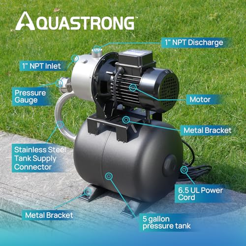 Aquastrong 115V Shallow Well Garden Pump, Stainless Steel, 1320 GPH, Automatic Water Booster Jet Pump for Home, Garden, Lawn,Irrigation,1.6 HP with Pressure Tank - color: Nsf Black
