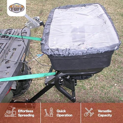Field Tuff Hitch Mount Grass Seed Spreader with Rain Protector for ATV, UTV, or Utility Tractor, Black - size: 125 lb Capacity
